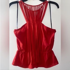 Bebe Red Peplum Halter Top with Fringe Front Detail